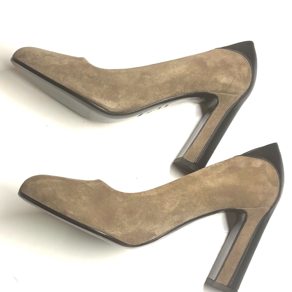 Vintage Hermes Paris Pumps Suede Taupe Heels with Black Leather Contrast - Picture 6 of 10